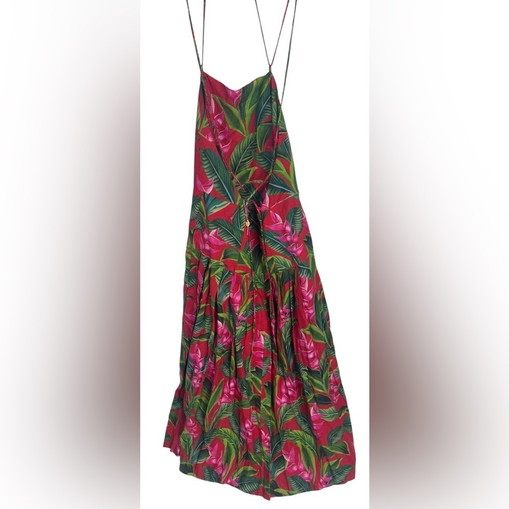 FARM RIO Square Neck Midi Dress in Linen Blend - Red B1353 - Picture 2 of 7